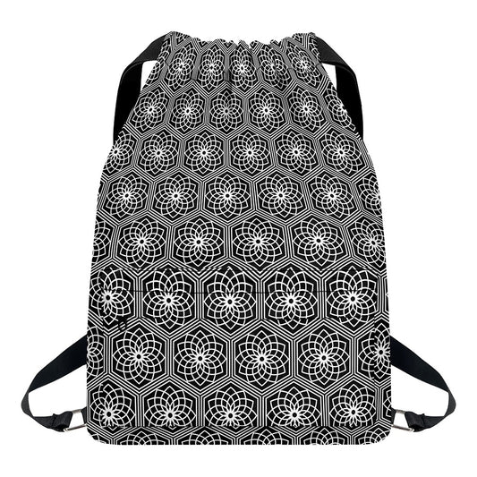 White And Black Lotus Pattern Print Drawstring Backpack