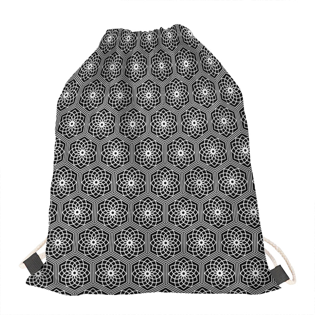 White And Black Lotus Pattern Print Drawstring Bag