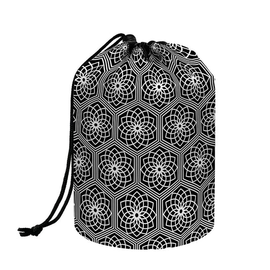 White And Black Lotus Pattern Print Drawstring Makeup Bag