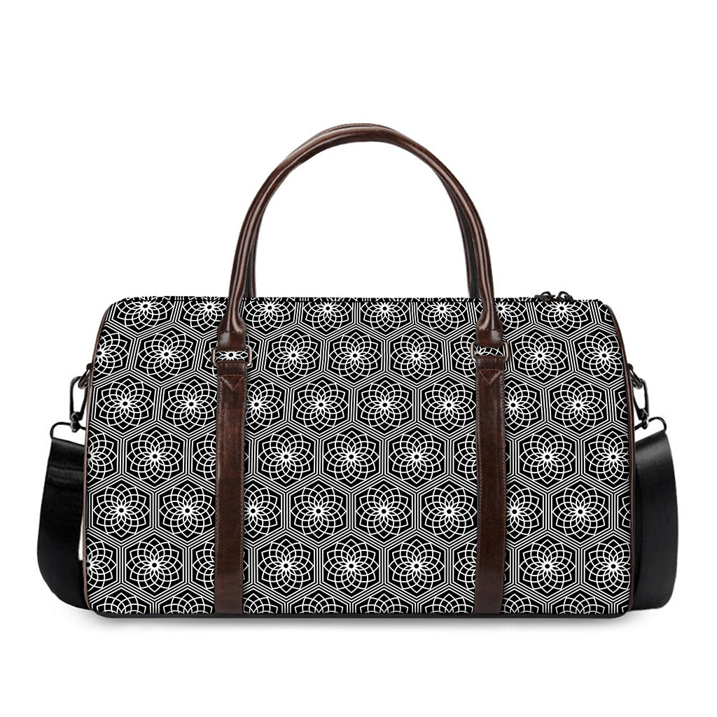 White And Black Lotus Pattern Print Duffle Bag