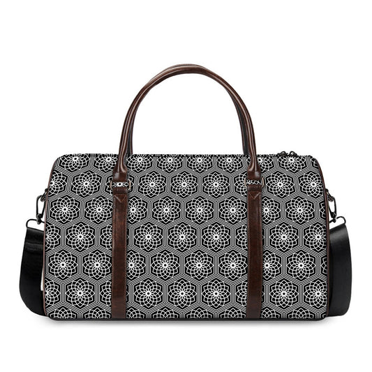 White And Black Lotus Pattern Print Duffle Bag