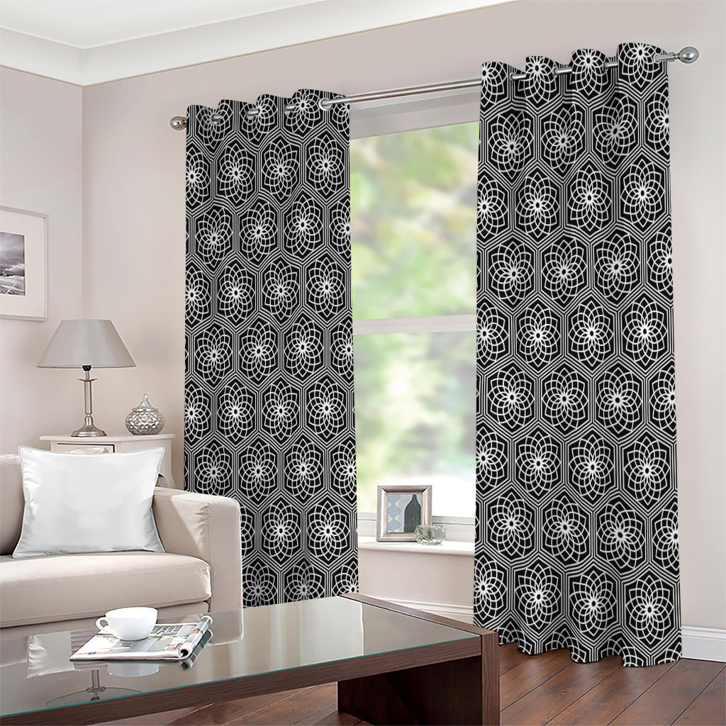 White And Black Lotus Pattern Print Extra Wide Grommet Curtains