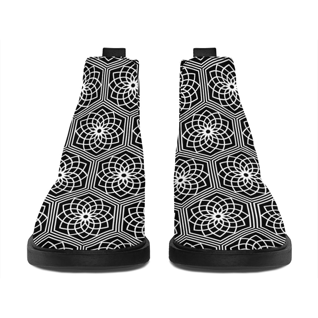 White And Black Lotus Pattern Print Flat Ankle Boots
