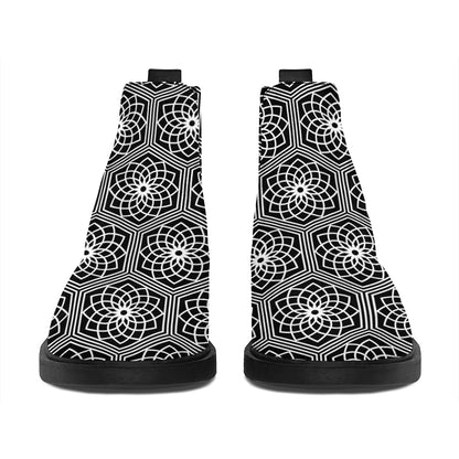 White And Black Lotus Pattern Print Flat Ankle Boots