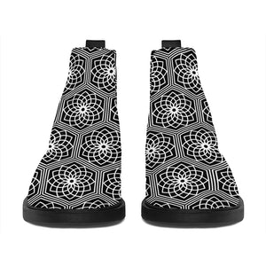 White And Black Lotus Pattern Print Flat Ankle Boots