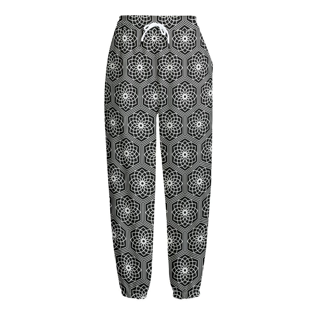 White And Black Lotus Pattern Print Fleece Lined Knit Pants