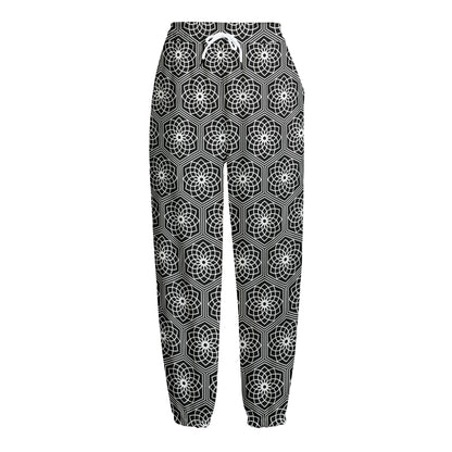 White And Black Lotus Pattern Print Fleece Lined Knit Pants