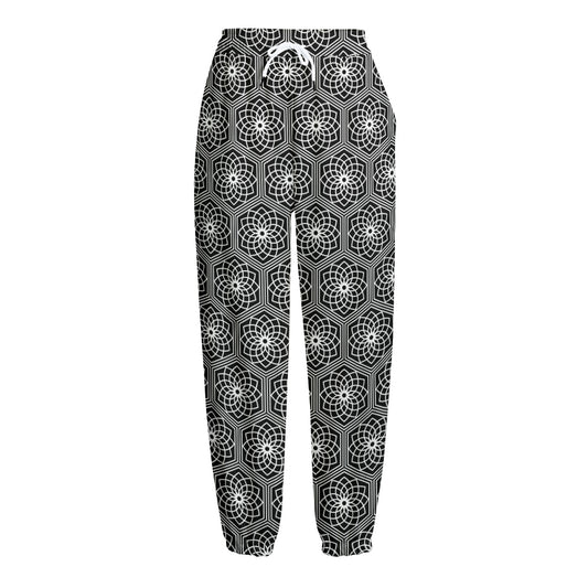 White And Black Lotus Pattern Print Fleece Lined Knit Pants