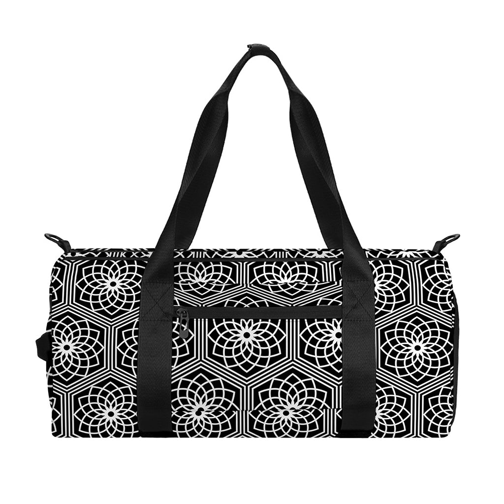 White And Black Lotus Pattern Print Gym Bag
