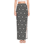 White And Black Lotus Pattern Print High Slit Maxi Skirt