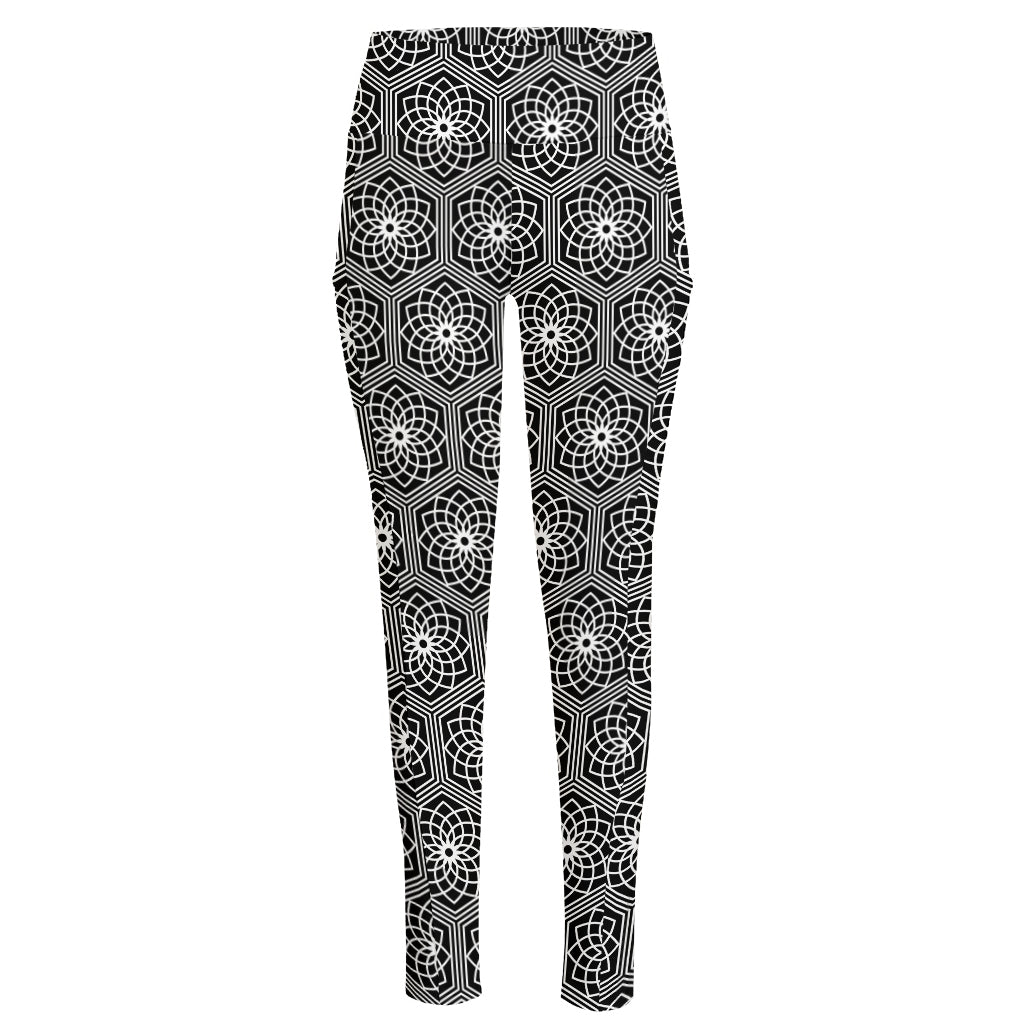 White And Black Lotus Pattern Print High-Waisted Pocket Leggings