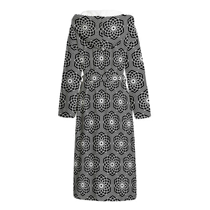 White And Black Lotus Pattern Print Hooded Bathrobe