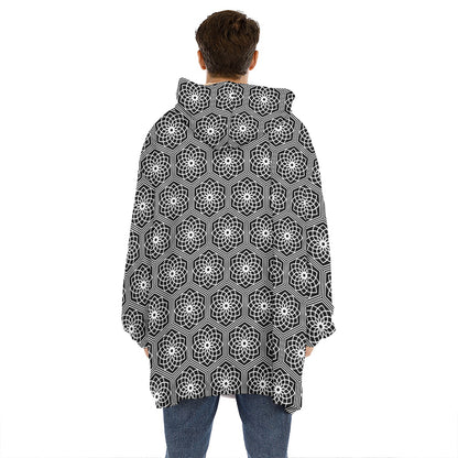 White And Black Lotus Pattern Print Hoodie Blanket