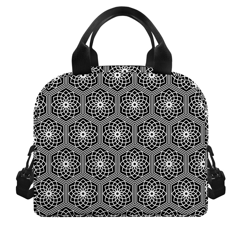 White And Black Lotus Pattern Print Insulated Lunch Bag