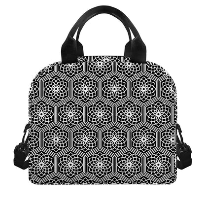 White And Black Lotus Pattern Print Insulated Lunch Bag