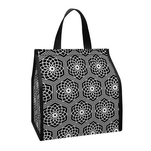 White And Black Lotus Pattern Print Insulated Lunch Tote