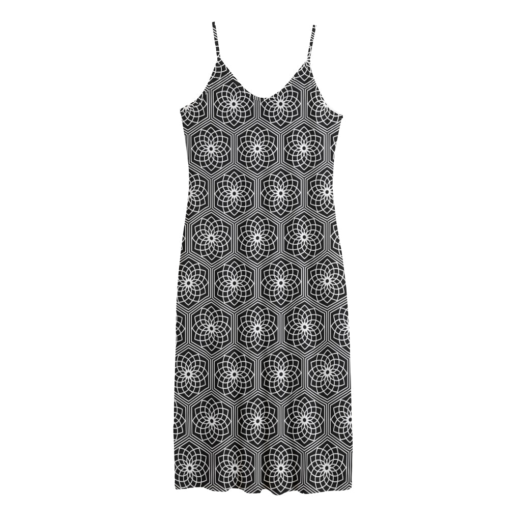 White And Black Lotus Pattern Print Jersey Midi Cami Dress