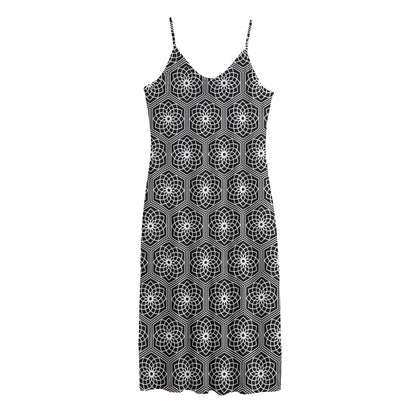 White And Black Lotus Pattern Print Jersey Midi Cami Dress