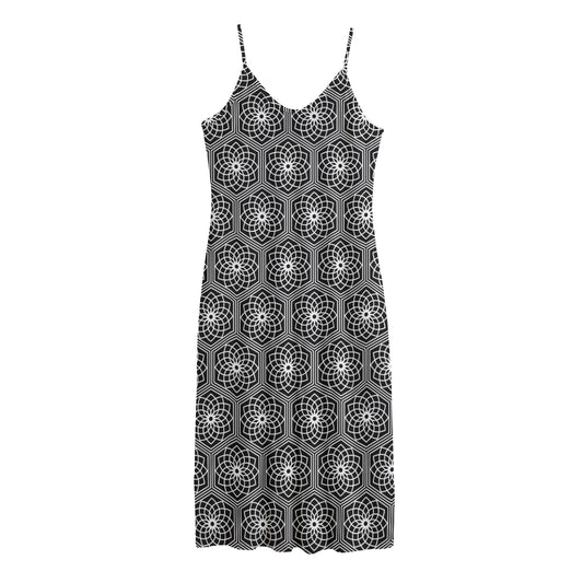 White And Black Lotus Pattern Print Jersey Midi Cami Dress