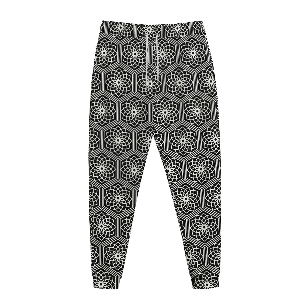 White And Black Lotus Pattern Print Jogger Pants