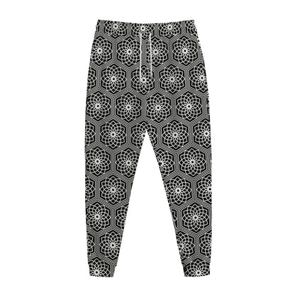 White And Black Lotus Pattern Print Jogger Pants