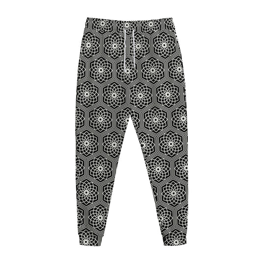 White And Black Lotus Pattern Print Jogger Pants