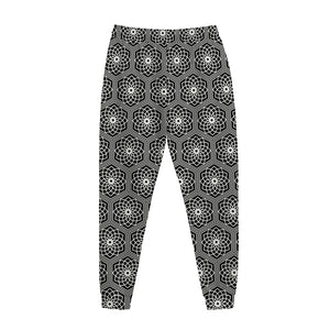 White And Black Lotus Pattern Print Jogger Pants