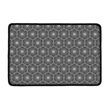 White And Black Lotus Pattern Print Kitchen Mat