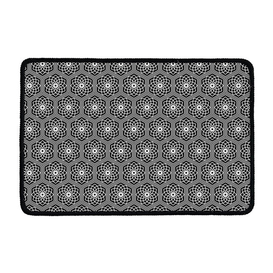 White And Black Lotus Pattern Print Kitchen Mat
