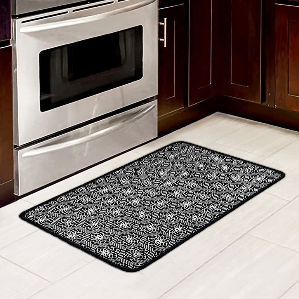 White And Black Lotus Pattern Print Kitchen Mat