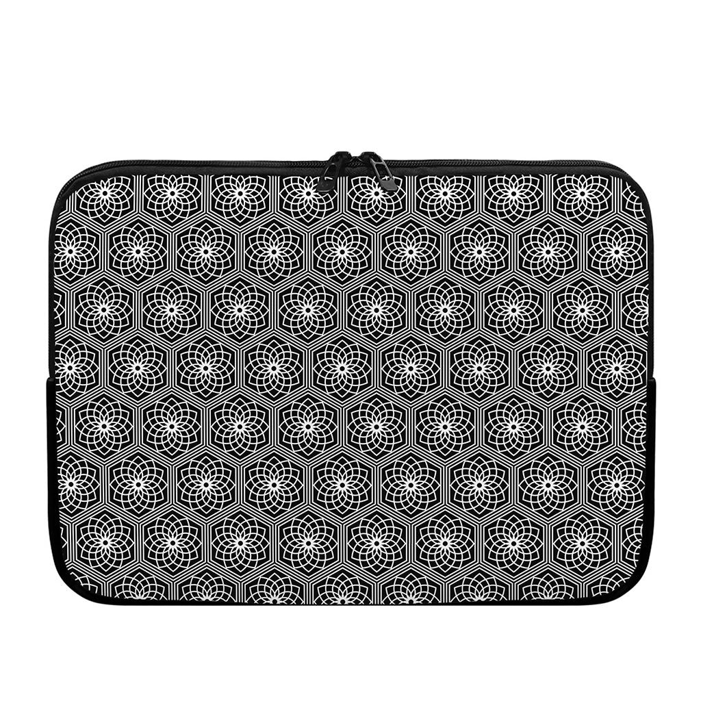 White And Black Lotus Pattern Print Laptop Sleeve