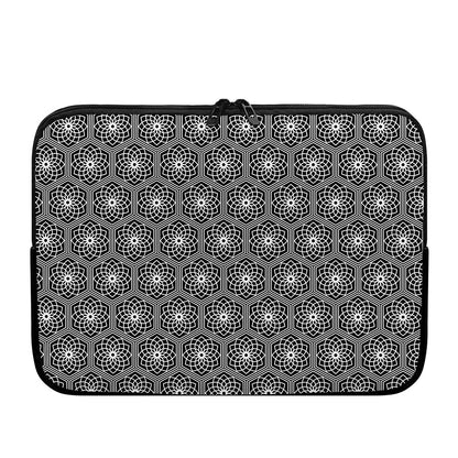 White And Black Lotus Pattern Print Laptop Sleeve