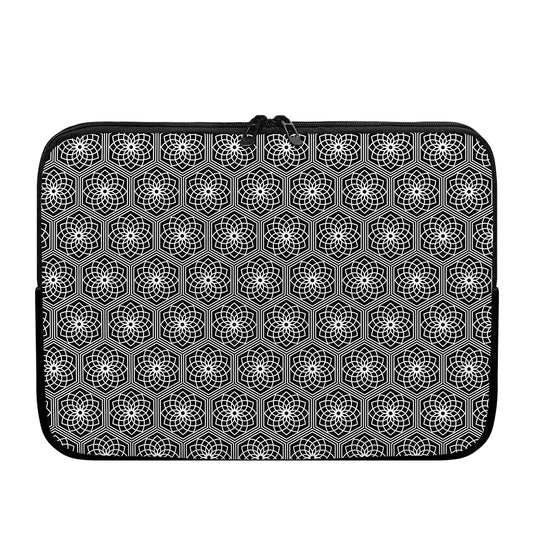 White And Black Lotus Pattern Print Laptop Sleeve