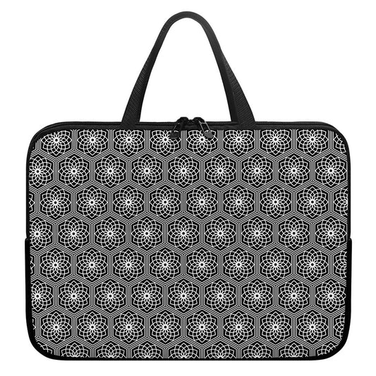 White And Black Lotus Pattern Print Laptop Sleeve With Handle
