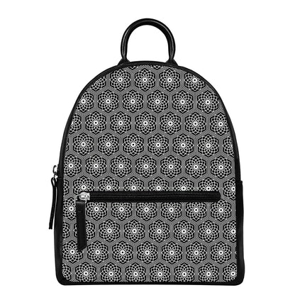 White And Black Lotus Pattern Print Leather Backpack
