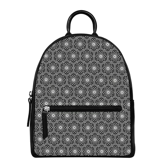White And Black Lotus Pattern Print Leather Backpack