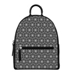 White And Black Lotus Pattern Print Leather Backpack