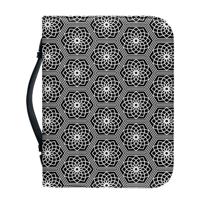 White And Black Lotus Pattern Print Leather Bible Cover