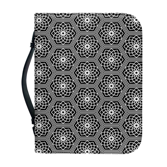 White And Black Lotus Pattern Print Leather Bible Cover