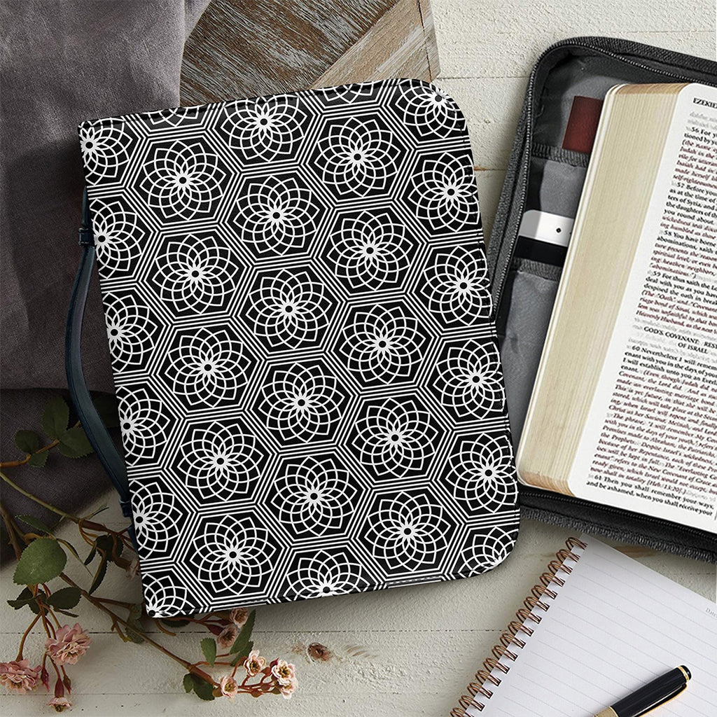 White And Black Lotus Pattern Print Leather Bible Cover