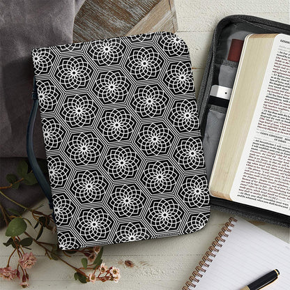 White And Black Lotus Pattern Print Leather Bible Cover