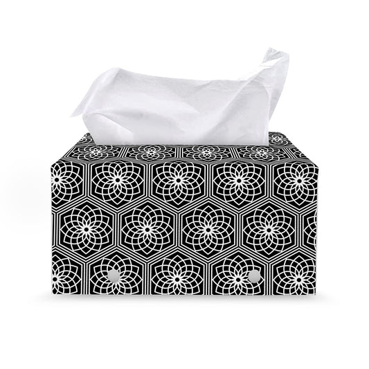 White And Black Lotus Pattern Print Leather Tissue Box Cover