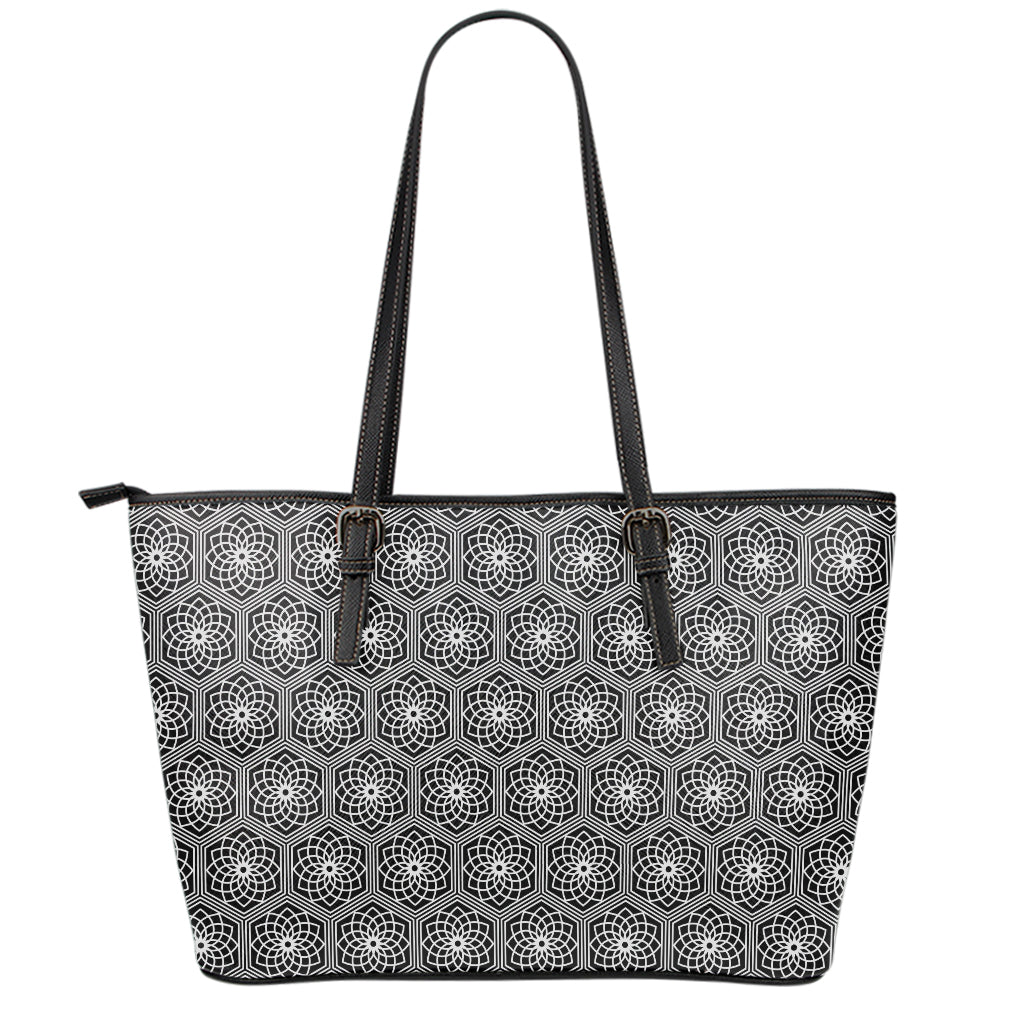 White And Black Lotus Pattern Print Leather Tote Bag