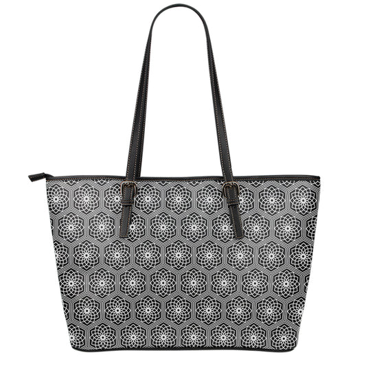 White And Black Lotus Pattern Print Leather Tote Bag