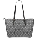 White And Black Lotus Pattern Print Leather Tote Bag