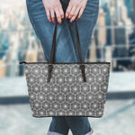 White And Black Lotus Pattern Print Leather Tote Bag