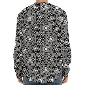 White And Black Lotus Pattern Print Long Sleeve Baseball Jersey