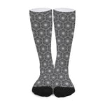 White And Black Lotus Pattern Print Long Socks