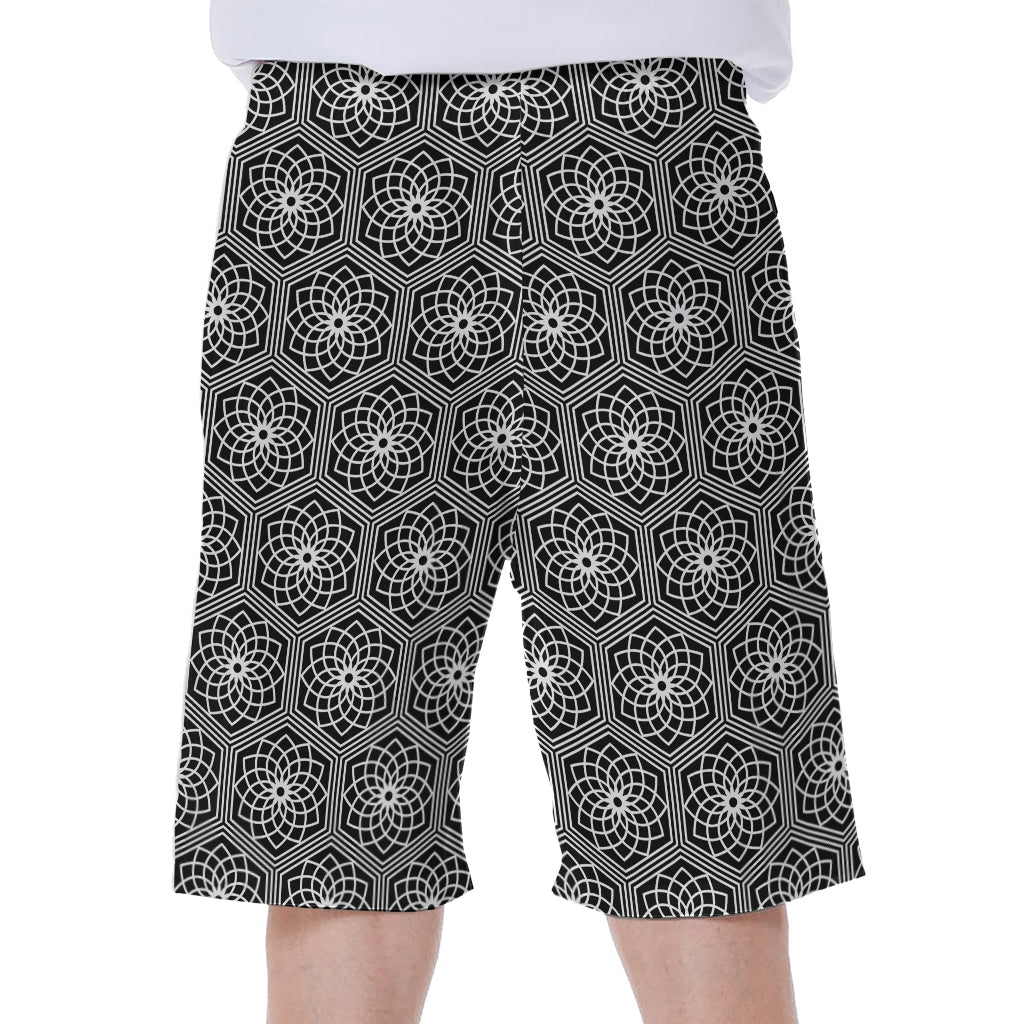 White And Black Lotus Pattern Print Men's Beach Shorts