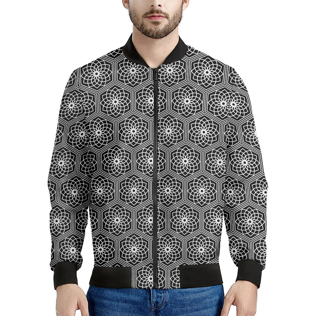 White And Black Lotus Pattern Print Men's Bomber Jacket